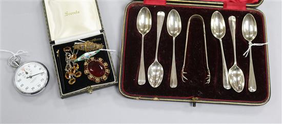 A set of six silver teaspoons and sugar tongs, cased, a 9ct gold bar brooch, a Garrard Incabloc stopwatch and sundry jewellery,